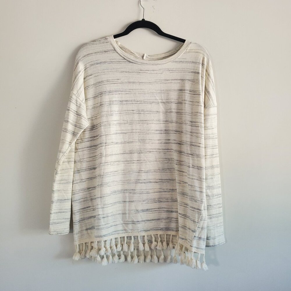Altar'd State Striped T-shirt Large Cream Tasseled Boho Chic Casual